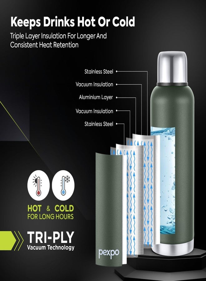 Pexpo Extreme Thermos 1000 ISI Certified Stainless Steel Vacuum Insulated Flask - 970ml | Double Wall Water Bottle With Jute Bag |Hot & Cold |2 Years Warranty |Home, Picnic and Travel - Military Green - Image 3